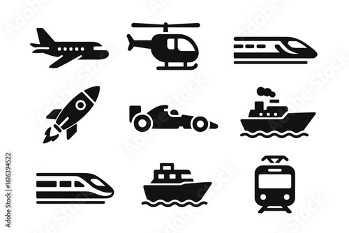 Black icons of various transportation vehicles: air, land, and sea designs