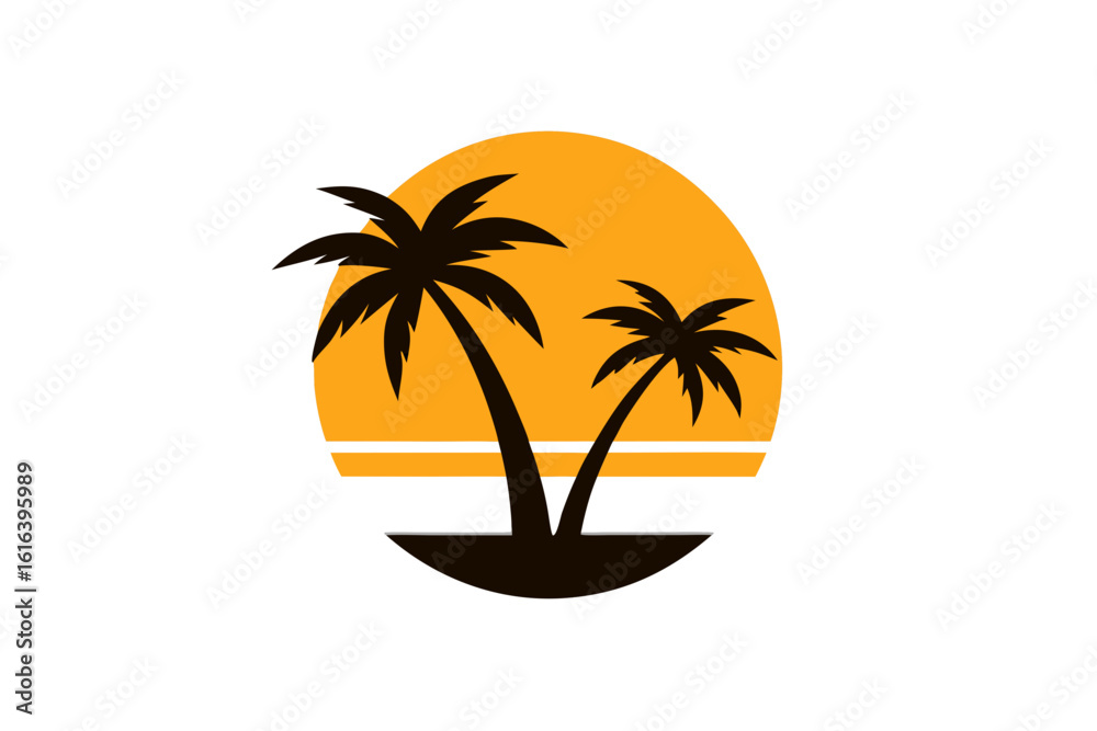 Obraz premium Tropical Sunset with Palm Trees: Beach Vacation & Island Logo