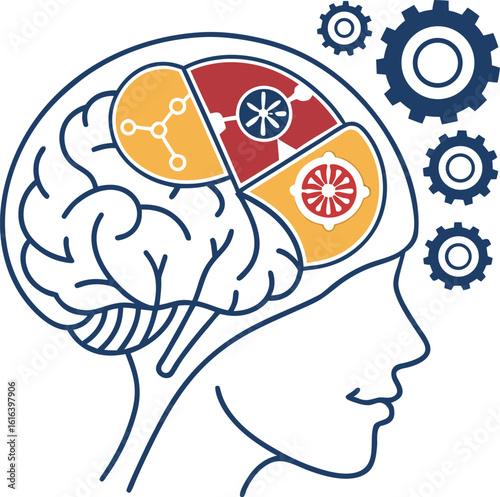Brain with gears and internal mechanisms head profile