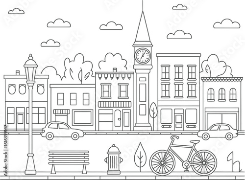 Linear drawing of a charming small town street scene with buildings and a clock tower