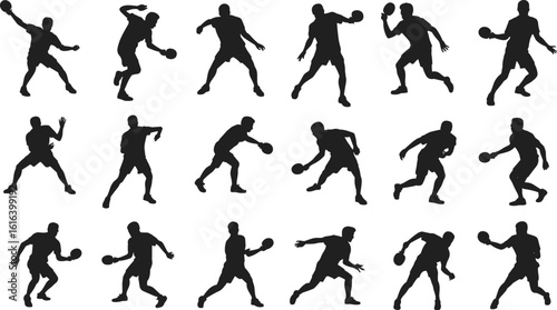 Table tennis action silhouettes, male athlete poses, ping pong paddle players, black vector illustration, isolated sports figures, competitive match, dynamic movement