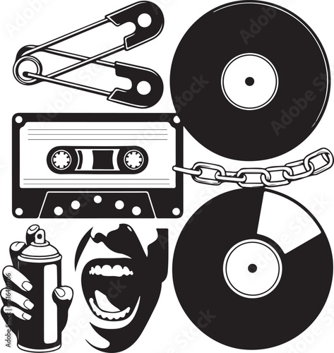 Safety pins cassette tape spray can vinyl records chain vector