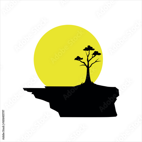 Lone Tree on Steep Cliff Edge Framed by Setting Sun Glow silhouette Art Vector illustration
