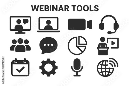 Webinar tools icons: microphone, chat, video, presentation, calendar, headset, analytics