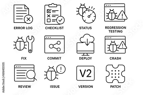 Software development icon set featuring error logs, checklists, and testing tools