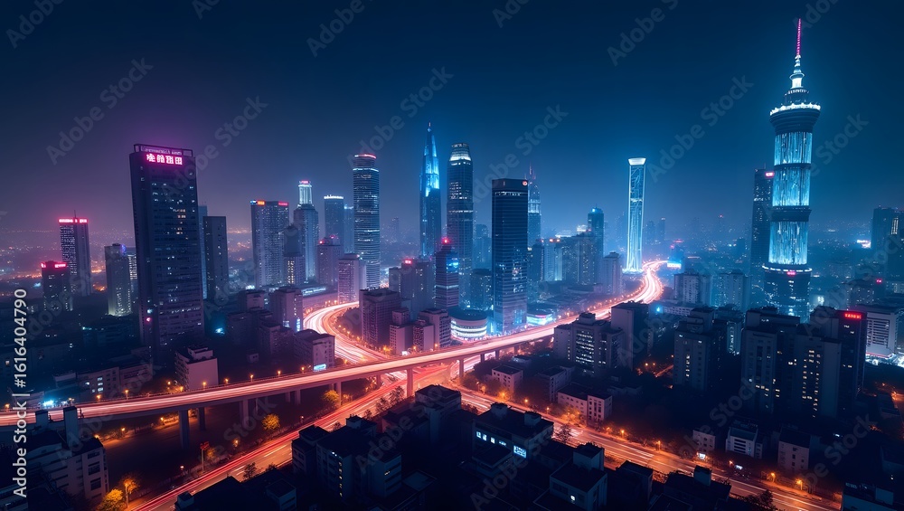 Obraz premium Dynamic Night Cityscape with Glowing Neon Lights and Light Trails