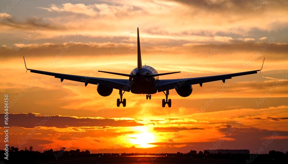Fototapeta premium Airplane landing at sunset (1)