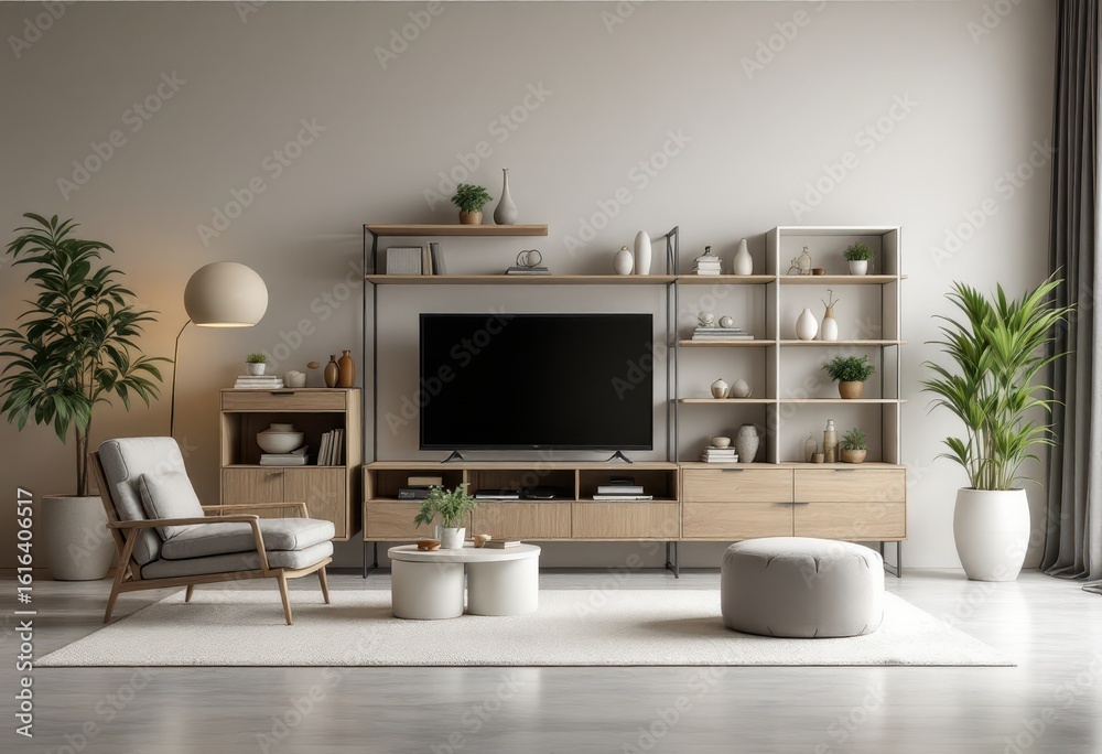Fototapeta premium Modern living room with light wood furniture and neutral color palette.