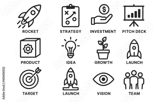 Startup icons for business growth and strategy with rocket and lightbulb
