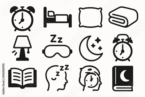 Sleep essentials icons: clocks, bed, pillow, lamp, sleep mask, moon, book