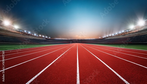 empty stadium running track with red lanes and white lines lights illuminate arena ground level perspective shows multiple lanes in row ready for athletic competition or sports training