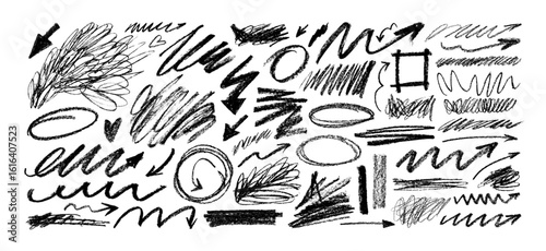 Crayon drawn scribbles, arrows and underlines. Doodles and curved lines, charcoal ovals.