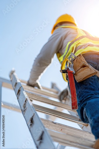 Worker climbing ladder against clear sky, showcasing determinati