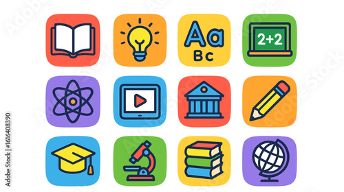 Colorful educational icons set: books, light bulb, microscope, globe, chemistry, art, abc, learning