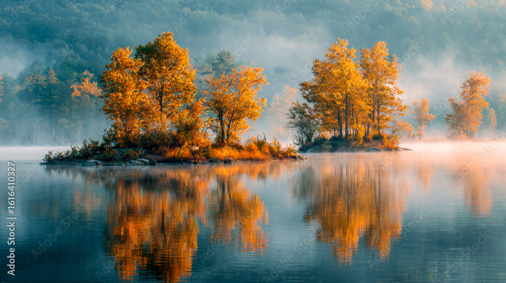 Obraz premium Serene autumn landscape with calm water reflections and misty morning atmosphere