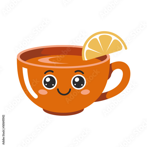 Cute orange tea cup with lemon slice and happy face isolated on white background