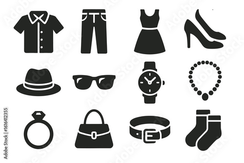 Fashion icons set: clothing, accessories, jewelry with shoes and hat
