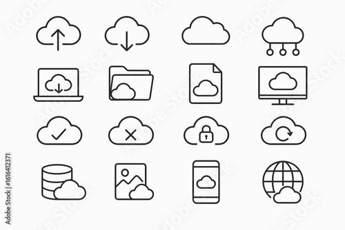 Cloud computing icons: upload, download, file sharing, security, database, mobile access