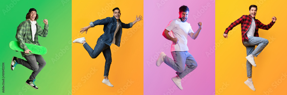 Ταπετσαρία Four energetic guys are captured leaping against bright, vibrant backgrounds, ce