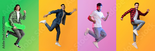 Εκτύπωση καμβά Four energetic guys are captured leaping against bright, vibrant backgrounds, ce