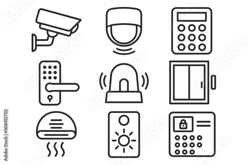 Security system icons: camera, alarm, lock, sensors, keypad