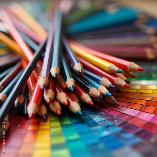 Colorful Artist Workspace Featuring Pencils and Palette Samples

