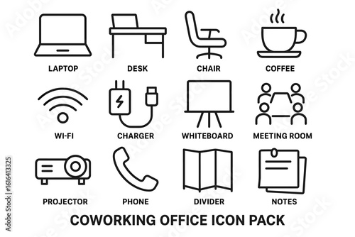 Coworking office icon pack featuring desk, chair, coffee, wi-fi, and more essential elements