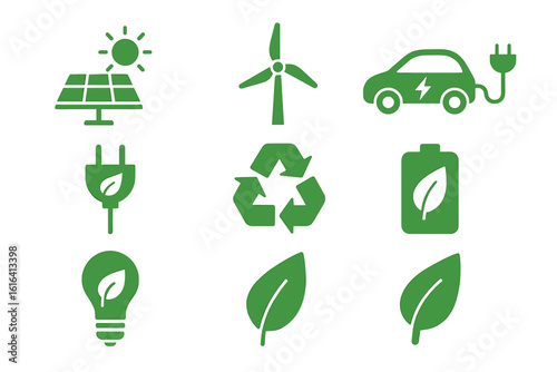 Eco-friendly icons of solar energy, wind power, electric vehicles, and recycling