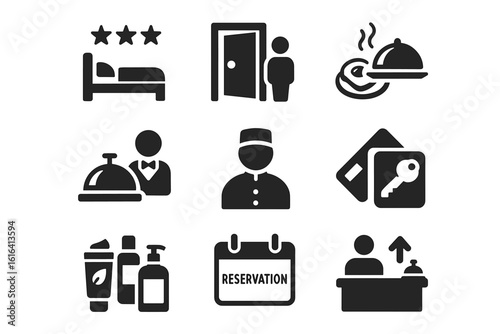 Hotel service icons: reservation, room service, reception, amenities, key access
