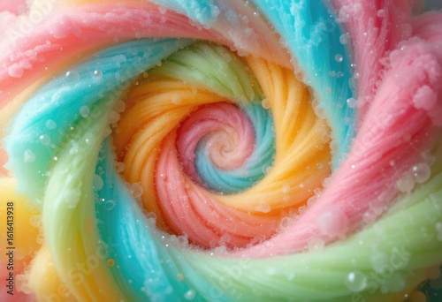 A colorful swirling candy lollipop with pastel hues and a sugary texture
