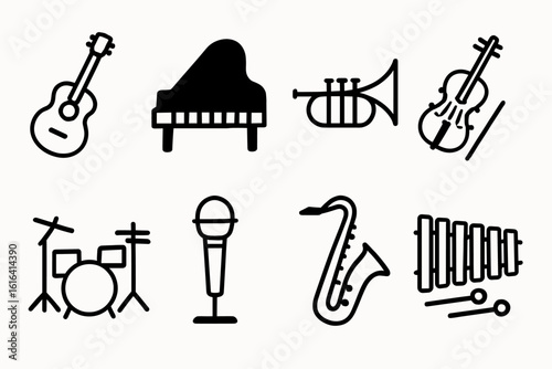 Outline icons of musical instruments: guitar, piano, trumpet, violin, drum, microphone, saxophone, xylophone