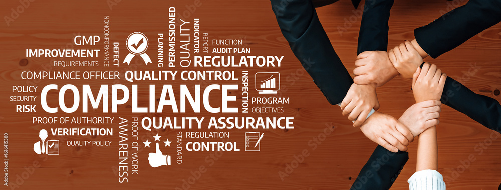 Naklejka premium A dynamic illustration showcasing team collaboration in compliance, quality control, and regulatory requirements within business operations. Emphasizing teamwork and integrity. Amity