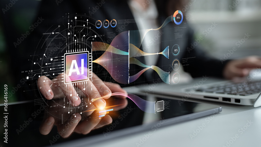 Foto AI Assistant Brain Processor with LLM Technology, Big Data, Machine Learning, Generative AI for Business Support, Future Agentic AI Technology and Artificial Intelligence Prompt Engineering