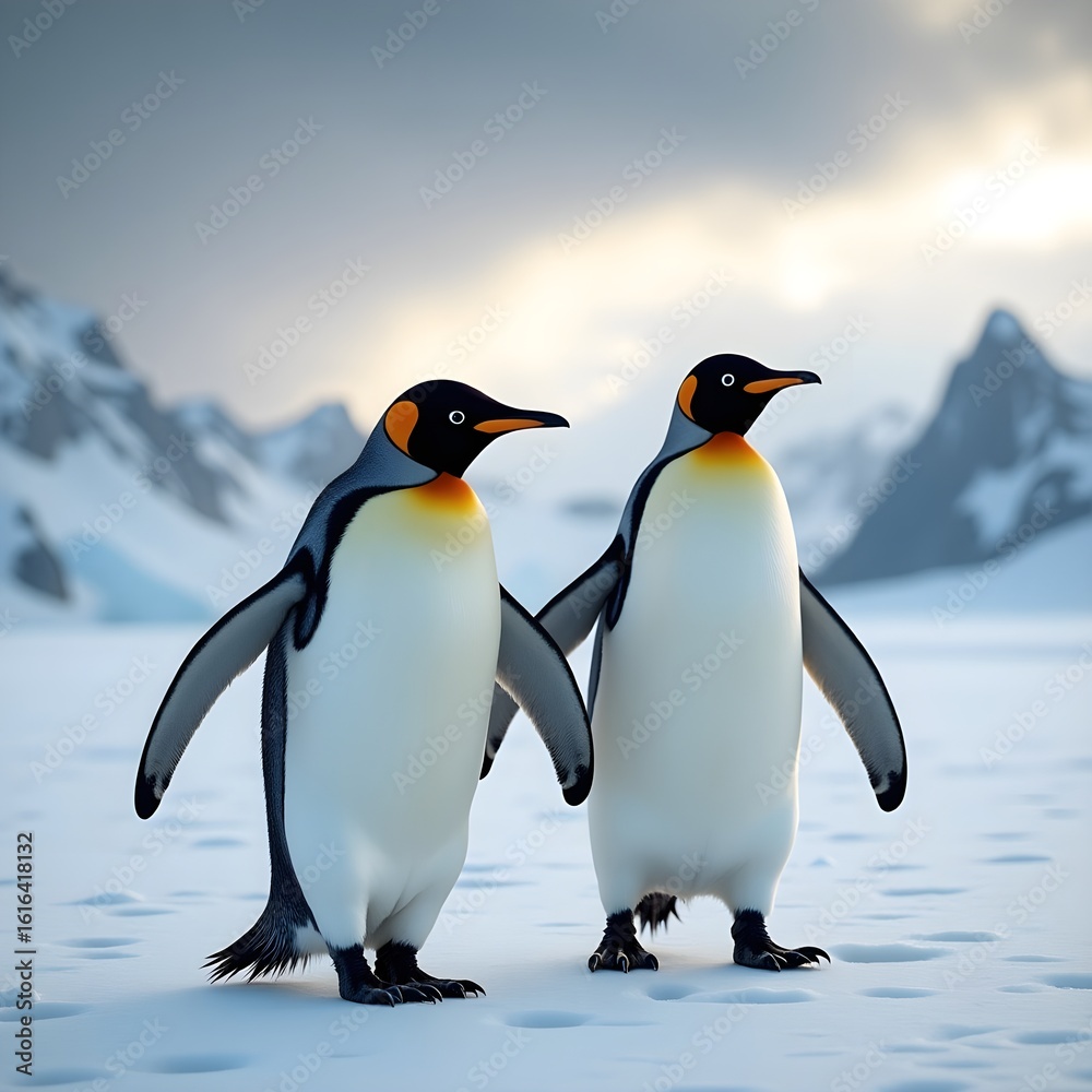 Obraz premium Two majestic king penguins standing together in a snowy landscape