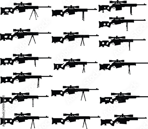 Vector silhouette collection of various modern sniper rifles with scopes and bipods. Ideal for military, tactical, gaming, hunting, and long-range shooting design projects.