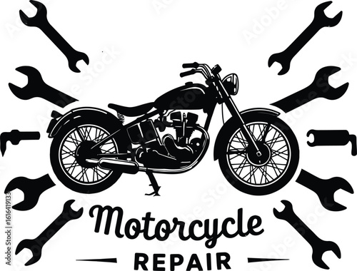 Vintage motorcycle repair service vector logo design with classic motorbike and wrenches. Ideal for auto shops, mechanics, custom builds, and biker-themed businesses.