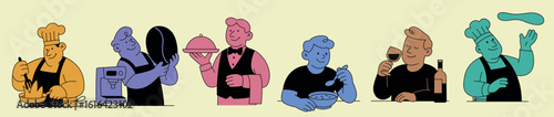 Collection of Colorful Mid-Century Styled Restaurant Chefs and Diners