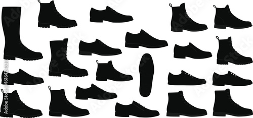 Silhouettes of various male shoes, dress and casual footwear, boots and loafers, men’s shoe styles vector collection clipart