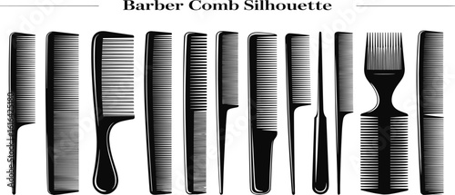 Barber comb silhouette collection, professional hairdressing combs, black vector combs set, hair styling tools, barber shop accessories clipart