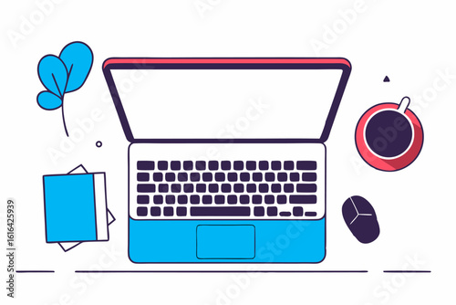 Nowoczesne miejsce pracy, widok z góry. Laptop z pustym ekranem idealny do prezentacji projektów, pracy zdalnej i nauki online.