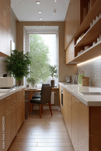 Modern minimalist kitchen with wooden cabinets and bright natural light