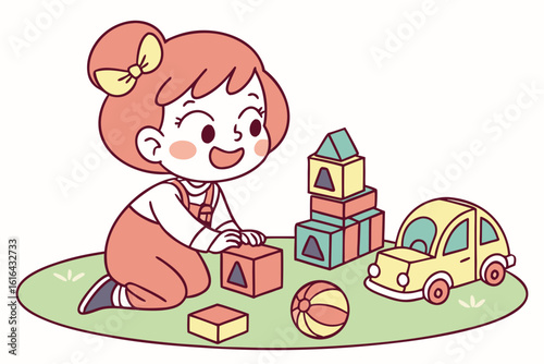 Cartoon child playing with building blocks and toy car