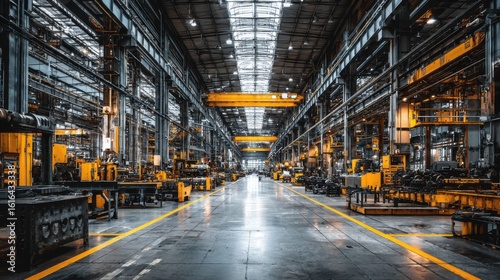 A spacious industrial facility filled with heavy machinery and tools. Bright skylights illuminate the aisles  creating a bustling environment for workers and operations.