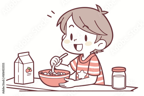 Happy child eating cereal with milk and berries breakfast
