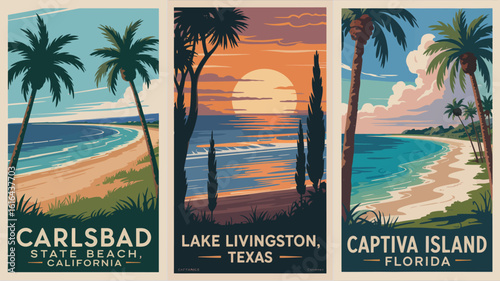 Three beach travel posters featuring palm trees and coastal scenes in different locations