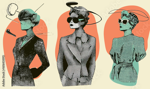 Retro surreal halftone vector collage of three stylish women in vintage fashion with abstract shapes and sunglasses in minimalist psychedelic pop art style