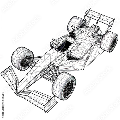 Wireframe low poly formula one race car vector illustration with geometric triangular mesh and detailed tire structure on white background for high speed technology design