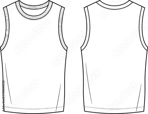 Blank white sleeveless tank top front and back view, apparel flat sketch, cotton vest template for men or unisex design