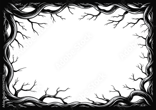 Dark twisted tree branches frame, spooky border design, eerie forest illustration, mysterious glowing lights, Halloween background, gothic nature art