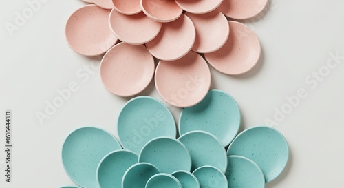 Minimalist Composition of Pink and Teal Ceramic Plates on White Background - Soft Pastel Tones, Modern Tableware Arrangement, Aesthetic Design